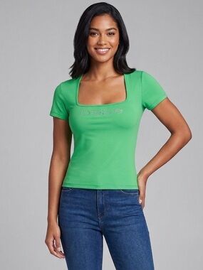 New Bebe Square Neck Top T Shirt Short Sleeve Stretch Crystal Logo Kelly green S